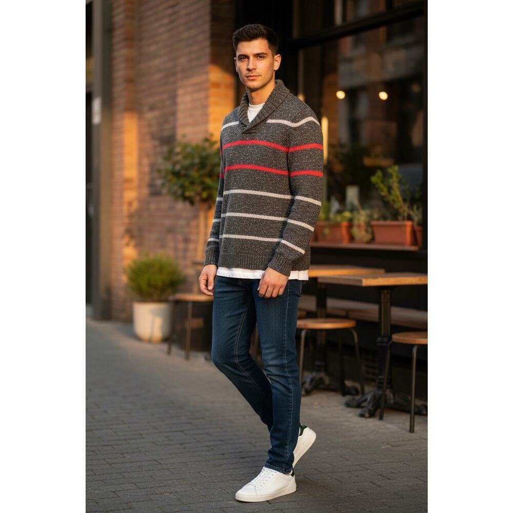 Y2K Urban Pipeline Gray Striped Sweater Men Size XL